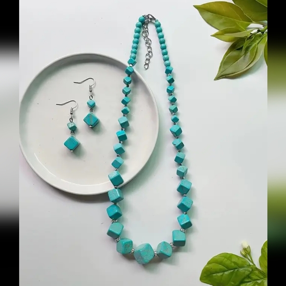 Jewelry Set Cubed Simulated Turquoise Earrings and Necklace - Picture 6 of 6